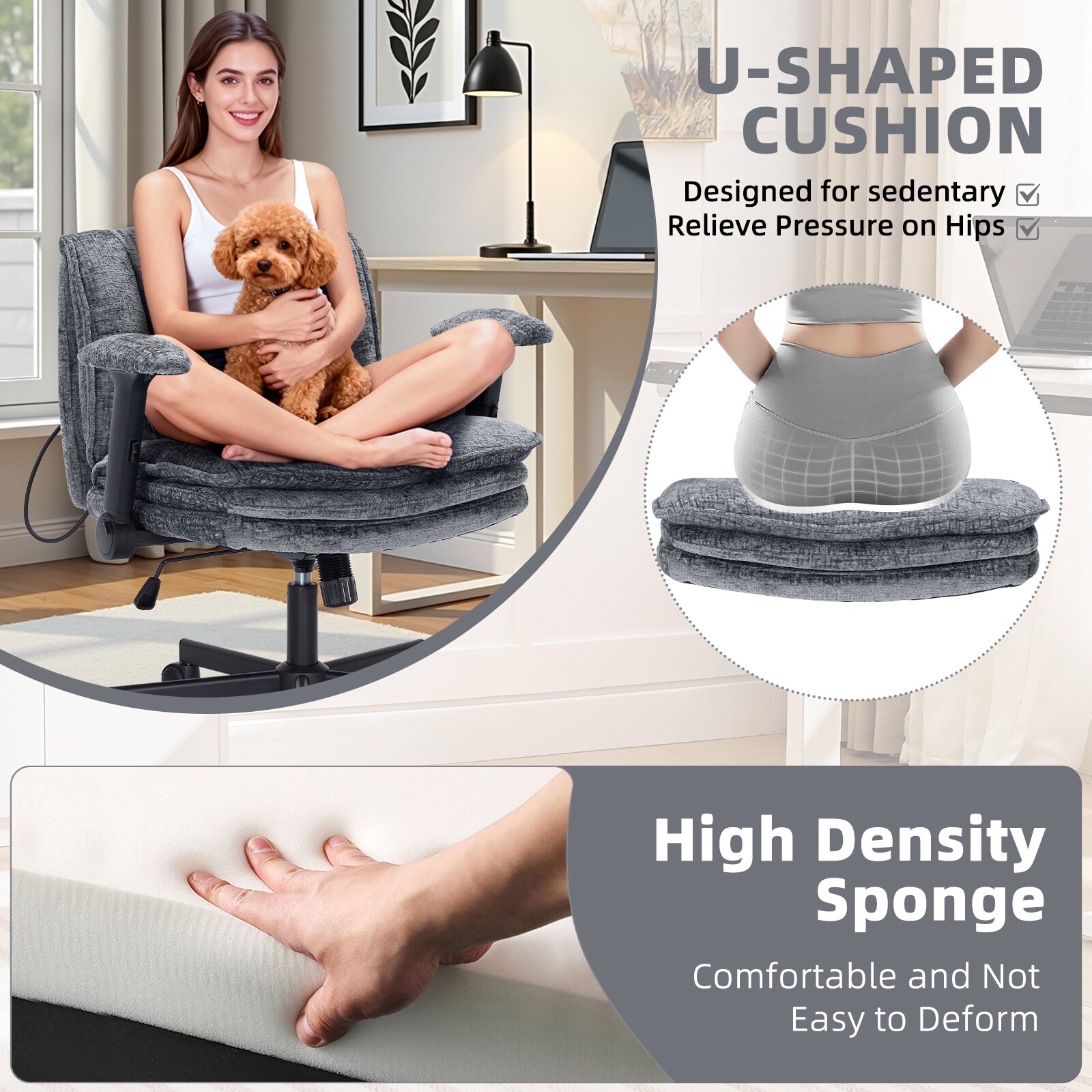 Criss Cross Chair With Wheels And Flip Arms, Upholstered Cross Legged Office Chair With 3 Layer Cushions&Dynamic Airbag Lumbar Support, Wide Seat Comfy Desk Chair For Home Office, Living Room, Grey_maomaolike.com